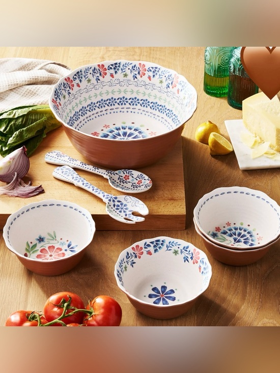 The Pioneer Woman Other - Pioneer Woman Hattie 7-Piece Bamboo Melamine Salad Bowl Set, Multicolor